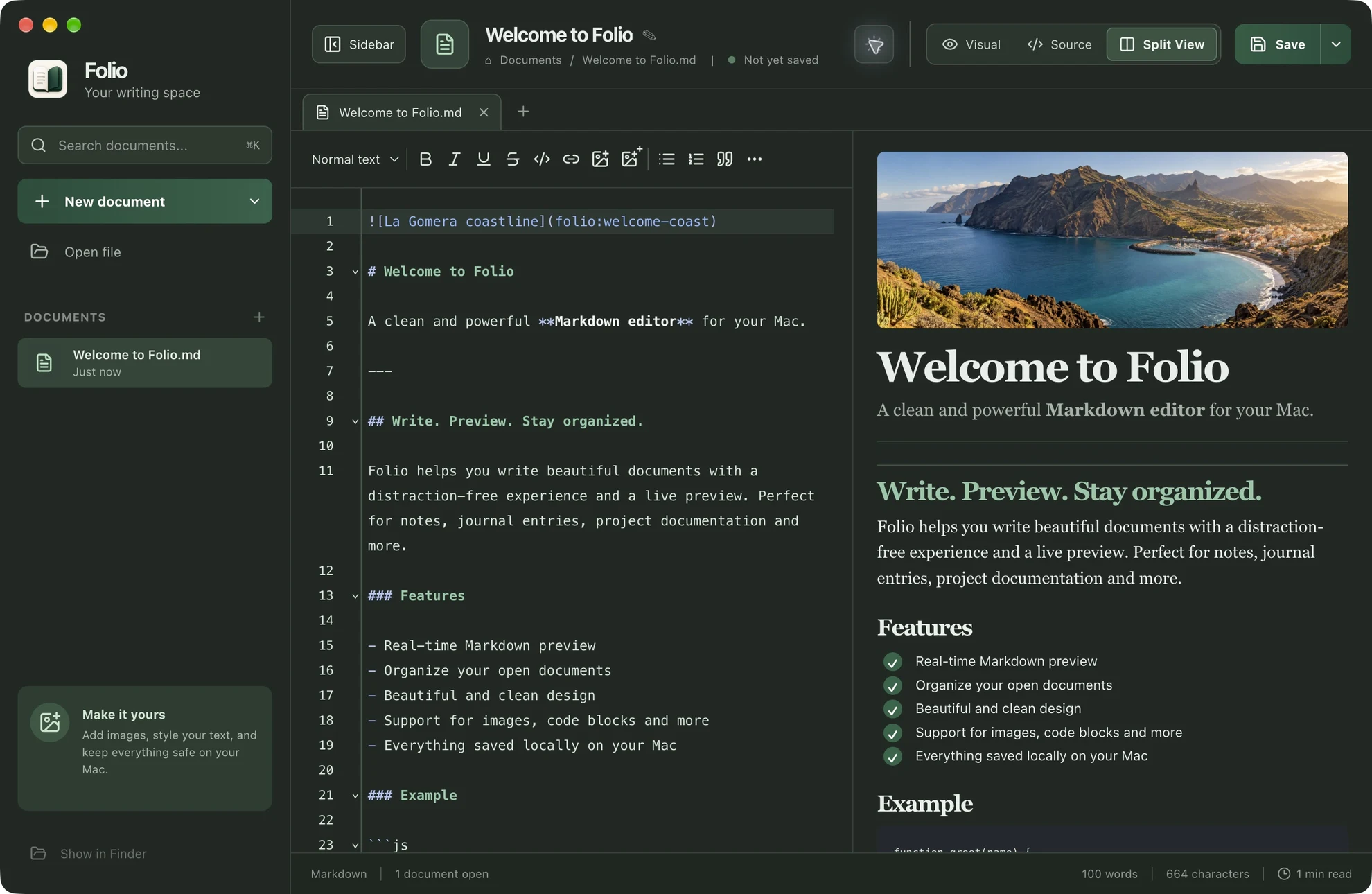 Folio in dark mode with its document sidebar visible