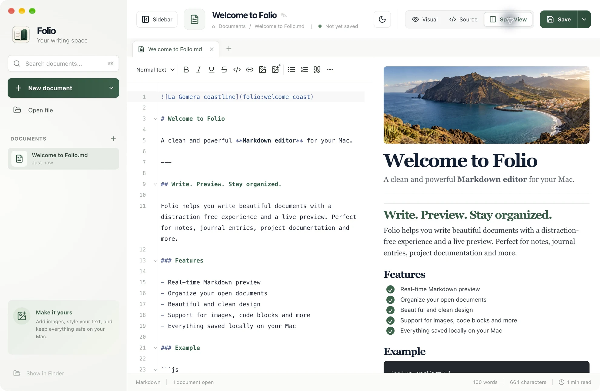 Folio in Split View: Markdown source on the left, the formatted document on the right